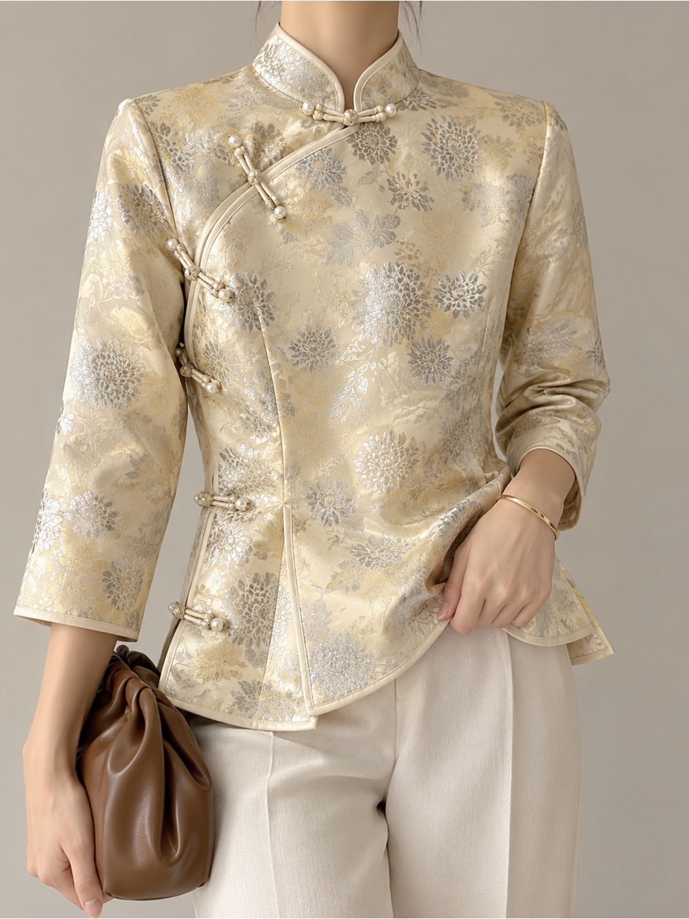 NWT Daza Ivory Jacquard Qipao Jacket Pearl Buttons XL Fits M